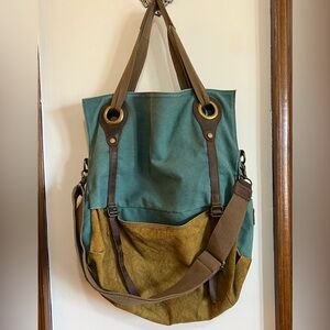 Super Strong Xlrg Canvas Two-Tone Tote Bag in Teal and Olive w Brass Hardware